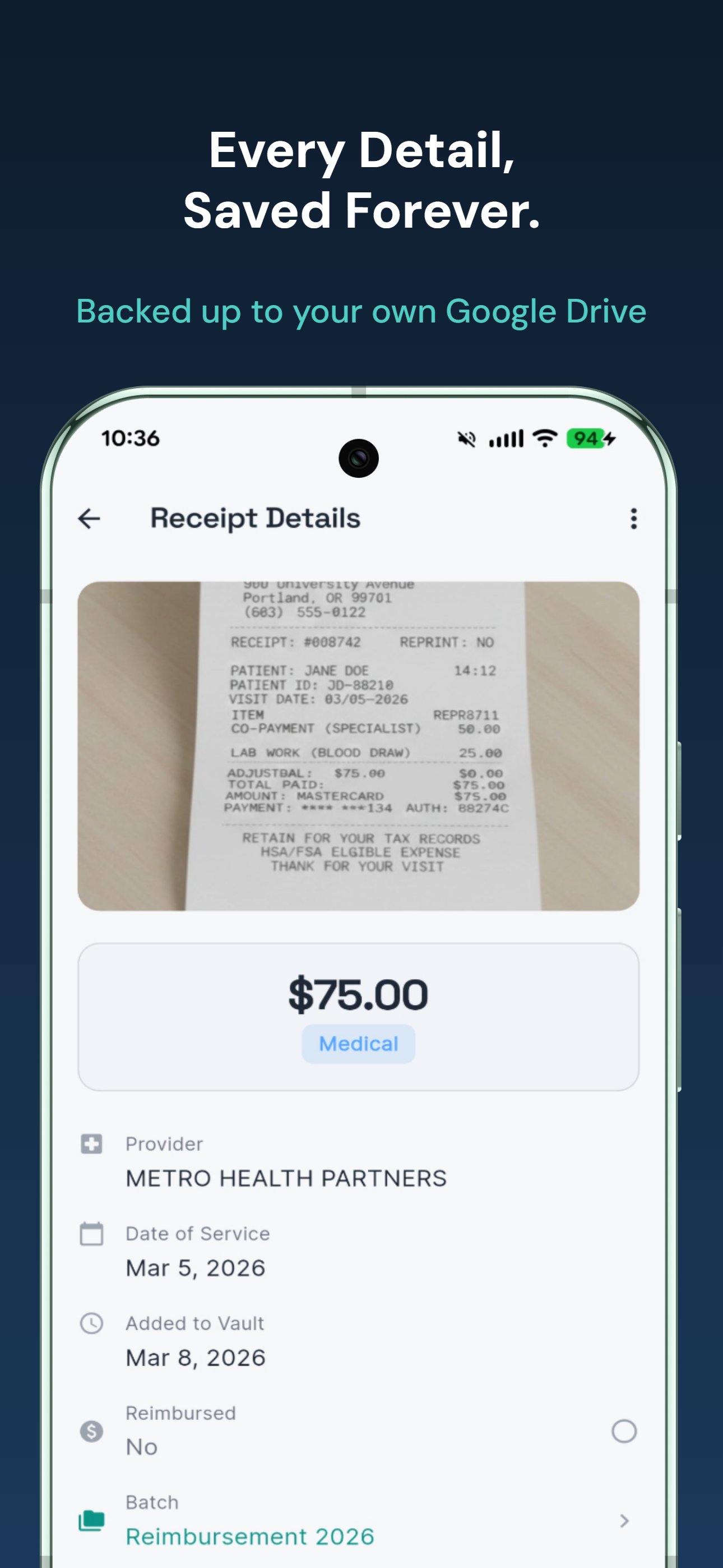 HSA Hoard receipt details and Google Drive backup