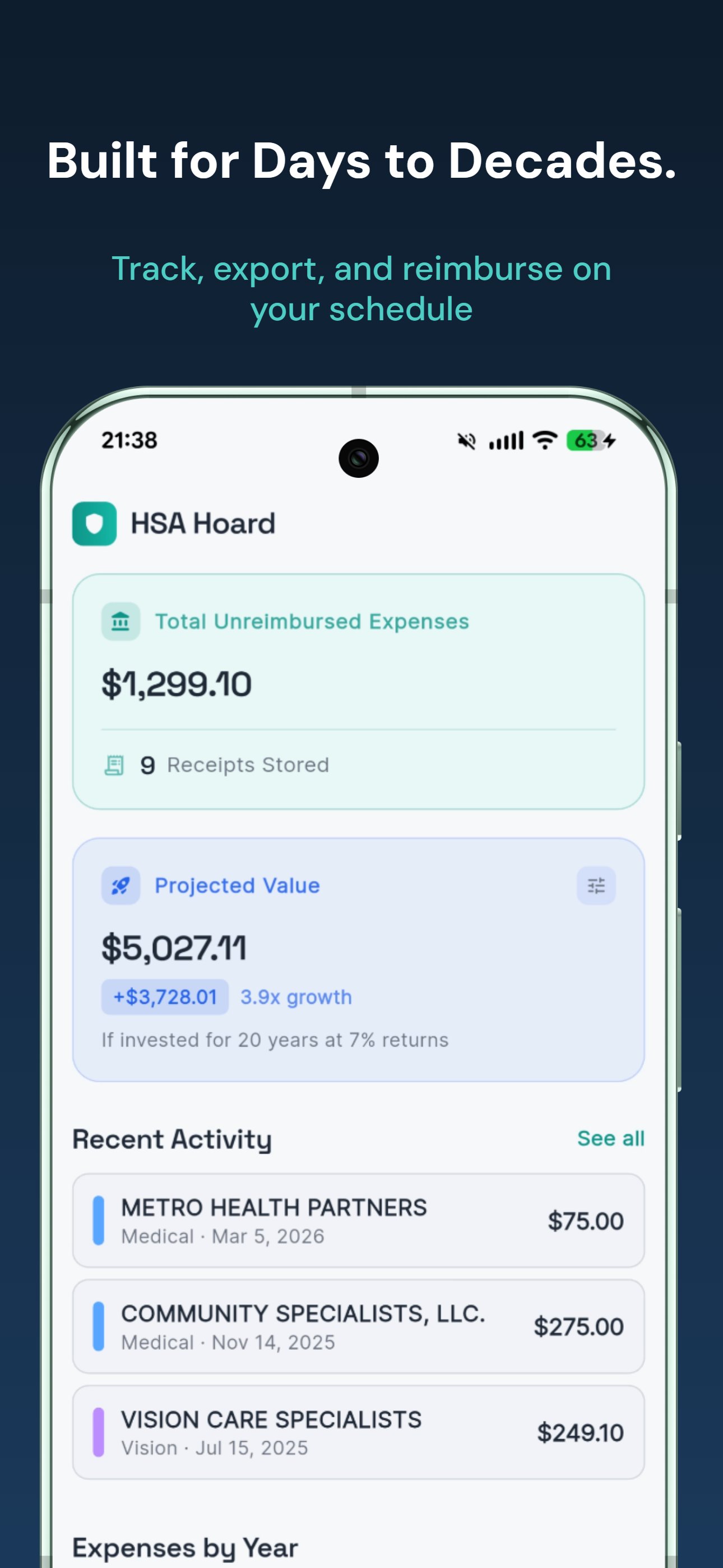 HSA Hoard dashboard showing total unreimbursed expenses and projected value