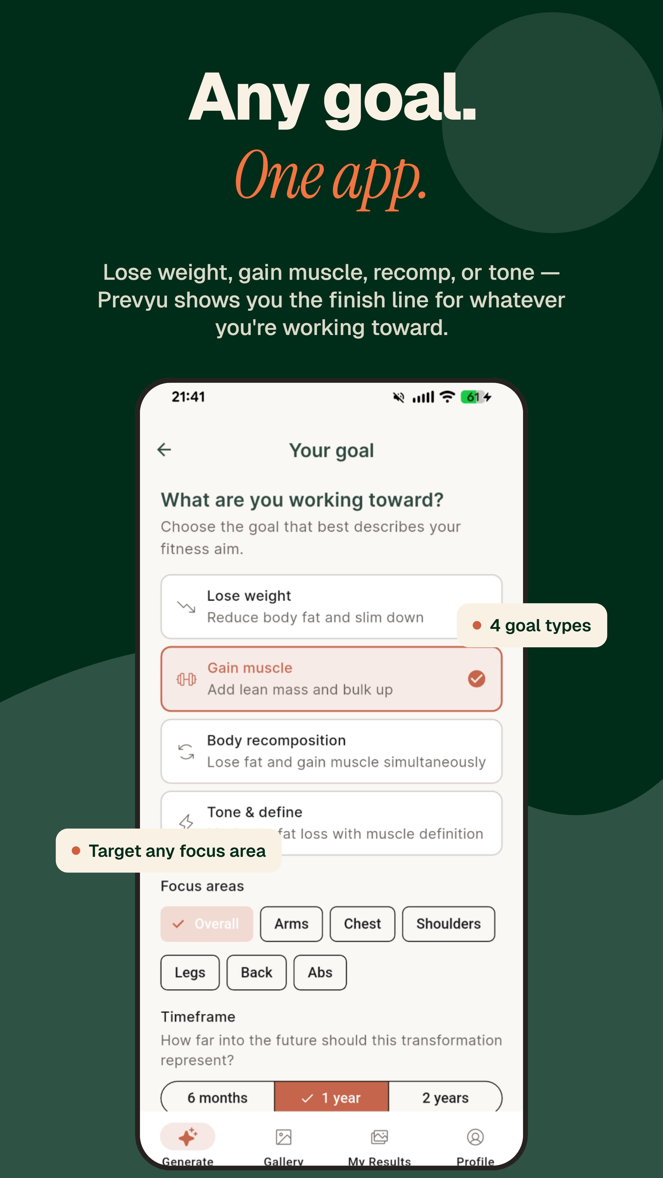 Prevyu goal selection - lose weight, gain muscle, recomp, or tone