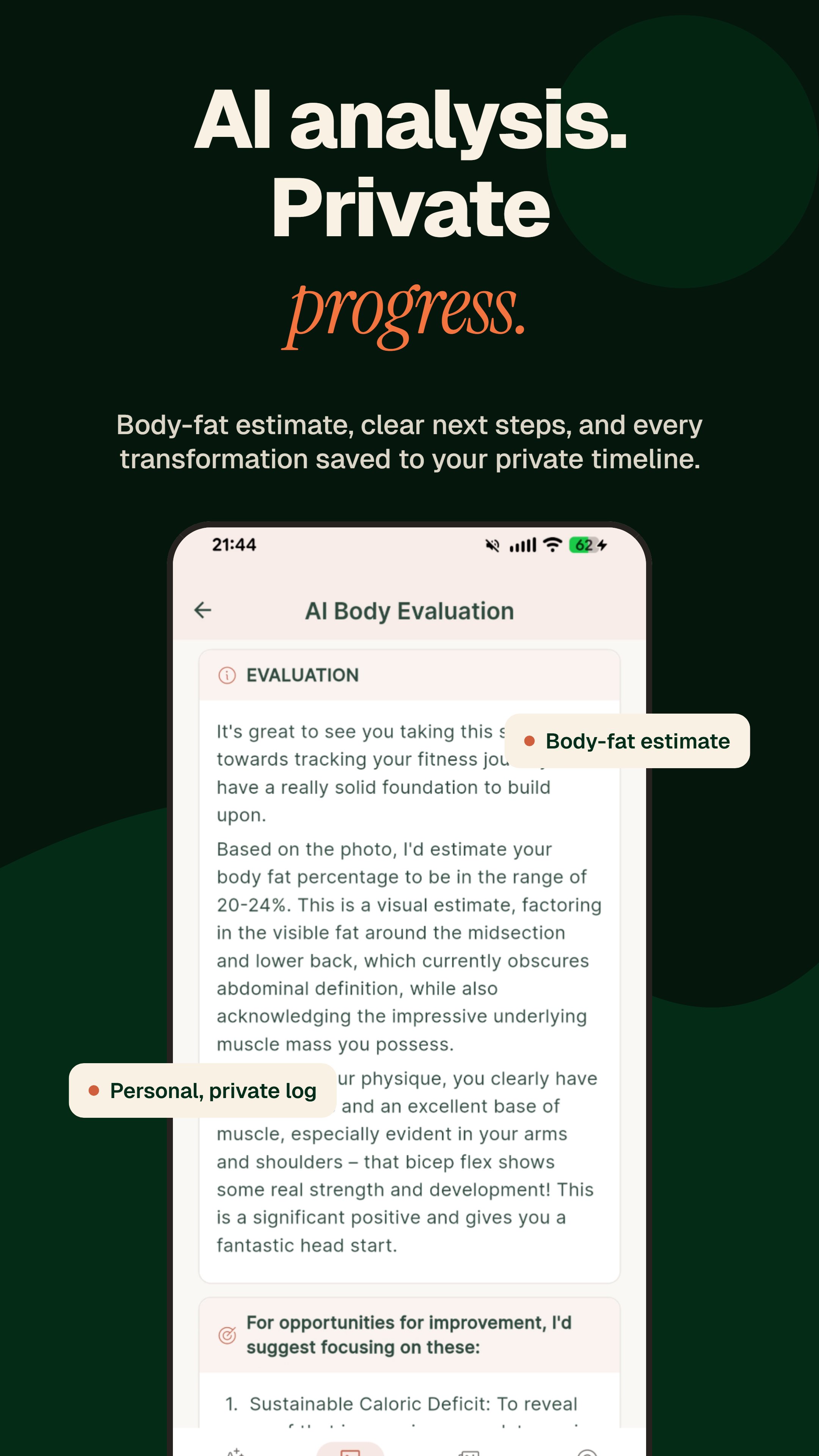 Prevyu AI body evaluation with body-fat estimate and private progress log